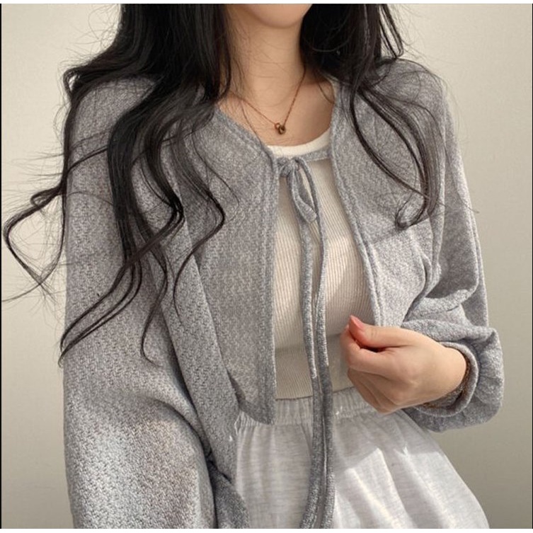 Áo khoác cardigan XIAOZHAINV mỏng dáng ngắn phong cách Hàn Quốc vintage 3 màu lựa chọn