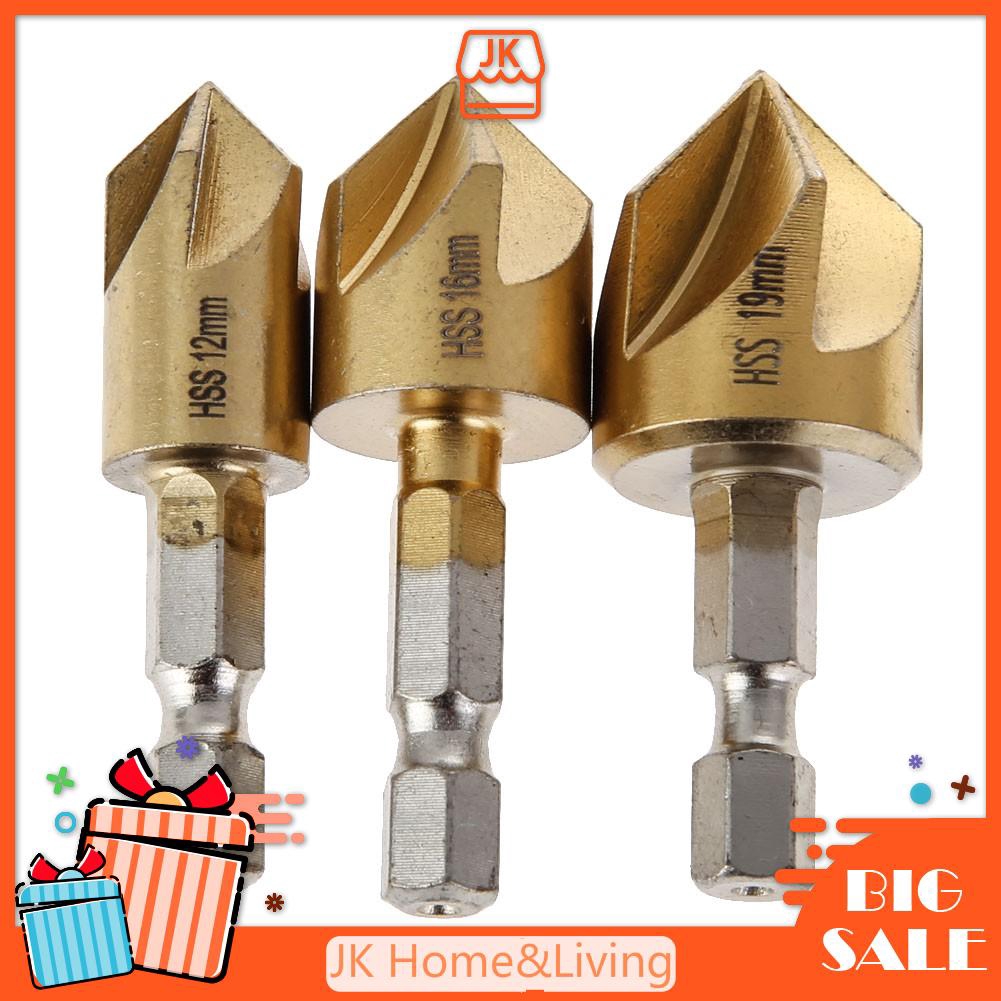 Bộ 3 mũi khoan khoét loe miệng vát cạnh 5 rãnh trục lục giác 1/4inch HSS kích thước 12/16/19mm