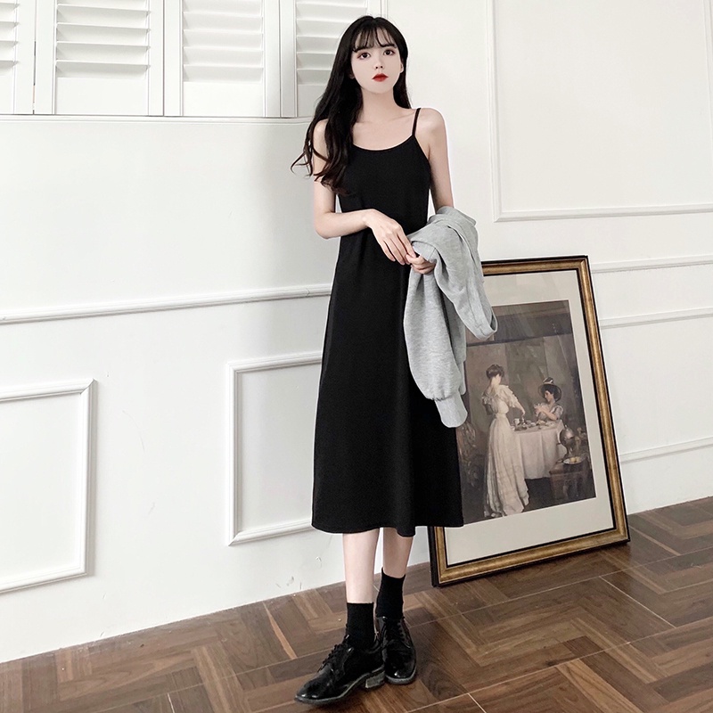 Set trang phục nữ Perty gồm đầm hai dây và áo len xám đơn giản thời trang phong cách Hàn Quốc