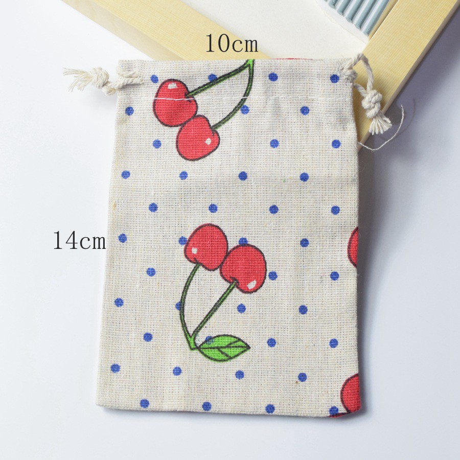 Túi vải bố mềm có dây rút quả cherry dễ thương phong cách vintage size 10x14cm - namimi