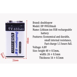 Pin Sạc Cổng Micro USB Doublepow 9V 6F22 650mAh