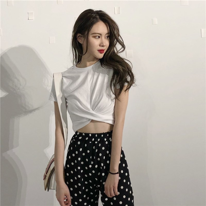 Áo croptop tay ngắn cổ tròn thiết kế màu trơn thanh lịch Sexy