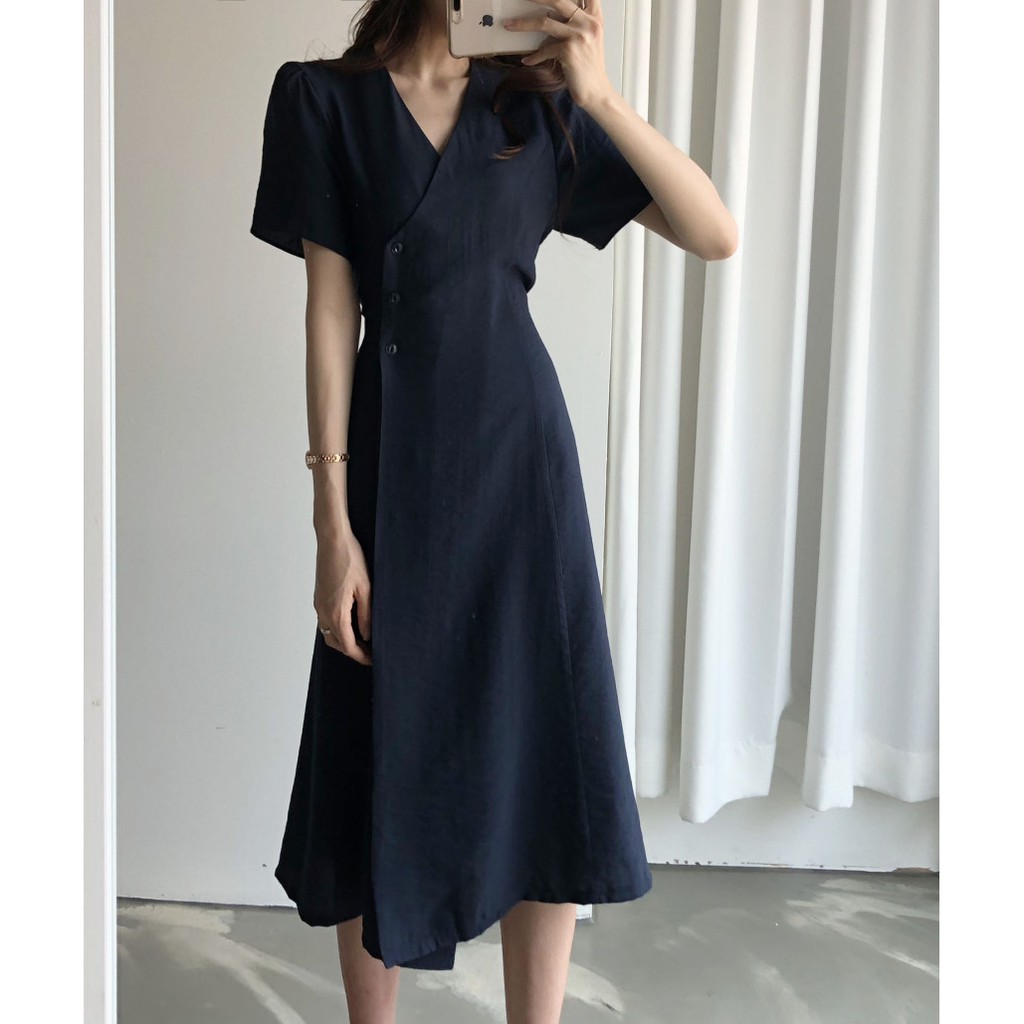 Xiaozhainv Đầm nữ xẻ cổ chữ V với 3 hàng nút ôm eo tay ngắn phong cách Hàn Quốc | BigBuy360 - bigbuy360.vn