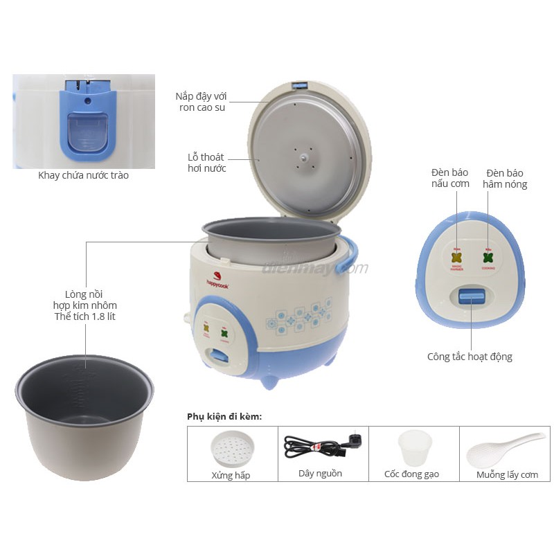 Nồi cơm điện Happycook (Hàn Quốc) 1.8 Lít có xửng hấp sản xuất Indonesia (Mới 100% - Bảo hành chính hãng 12 tháng) | BigBuy360 - bigbuy360.vn