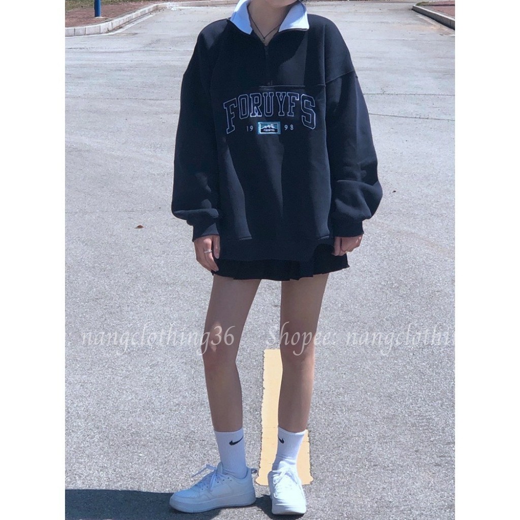 Áo Sweater Nỉ, Áo Sweater Nữ Form Rộng Cá Tính Ulzzang Xanh Đen Cổ Bẻ Chất Nỉ Ngoại Dày Dặn Freesize 38-70kg