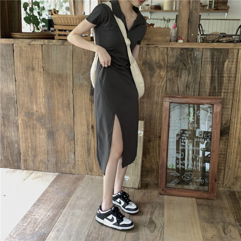 Đầm Dài Cổ polo Dáng Ôm Màu Xám Thời Trang Quyến Rũ Cho Nữ  tao bao