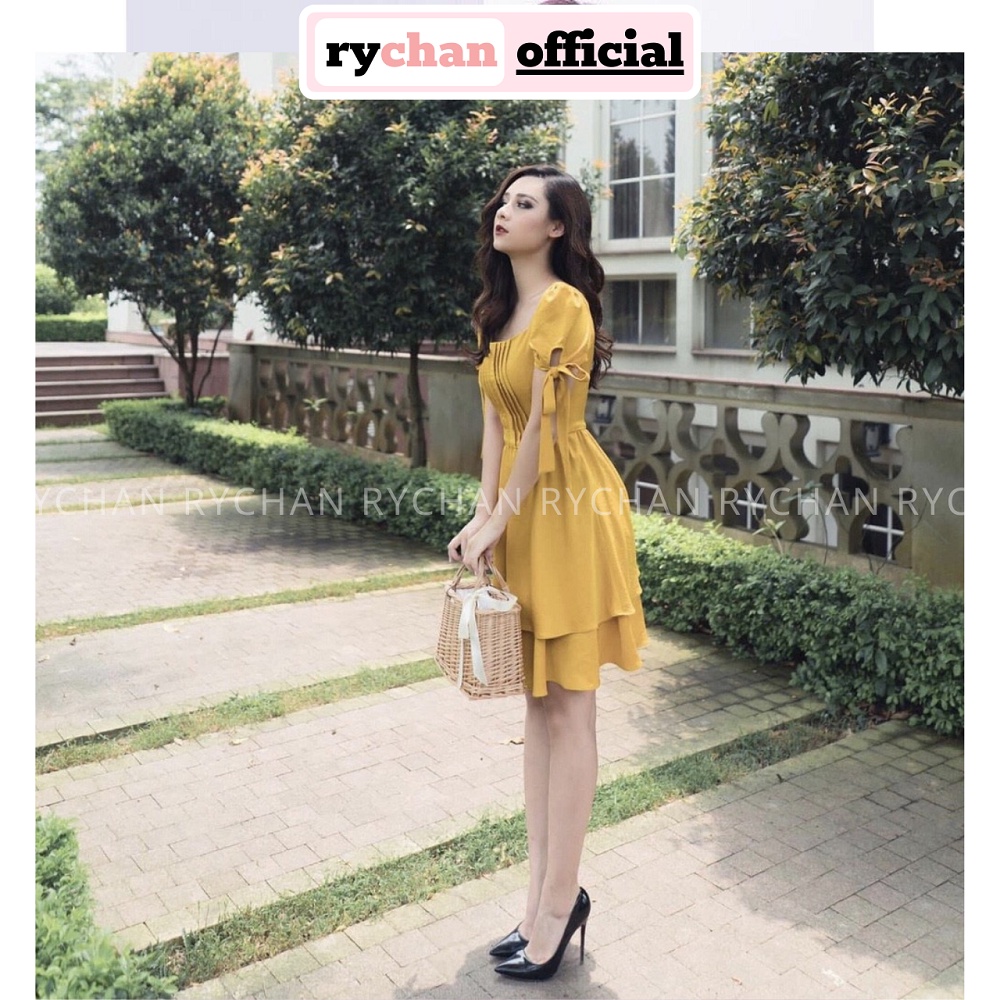 Đầm Xòe Vàng Cổ Vuông Tay Nơ - DX9685
