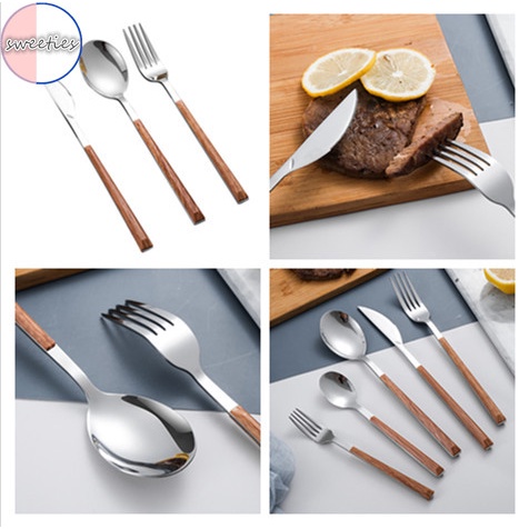Bộ đồ ăn muỗng nĩa bằng thép không gỉ tay cầm gỗ tiện dụng
