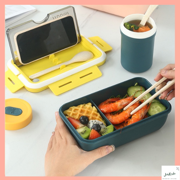 Hộp cơm Bento văn phòng giữ nhiệt 3 ngăn dung tích 1400ml, tặng kèm đũa thìa