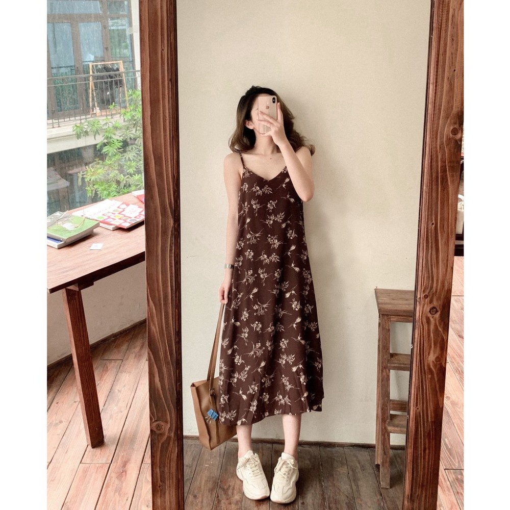 Váy hai dây hoa nhí dáng dài - Đầm dáng suông hai lớp chất chiffon V-2D | BigBuy360 - bigbuy360.vn