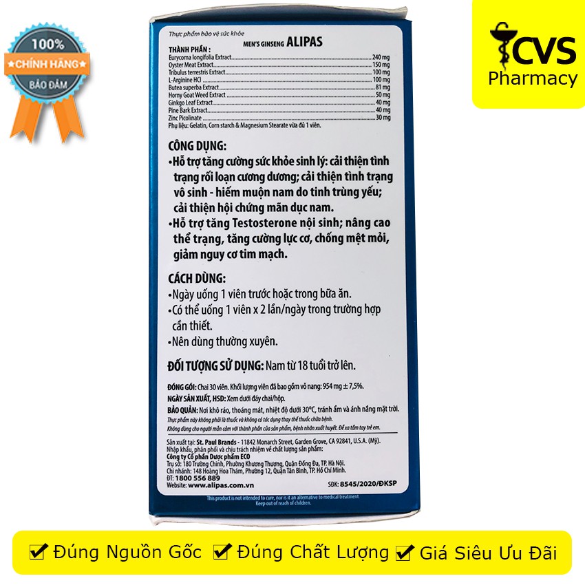 Sâm Alipas  mới 30 viên - giúp tăng cường sinh lý - CVSpharmacy