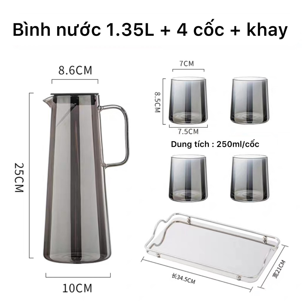 Bộ bình nước thủy tinh borosilicate có quai cầm kèm cốc uống nước phong cách Bắc Âu