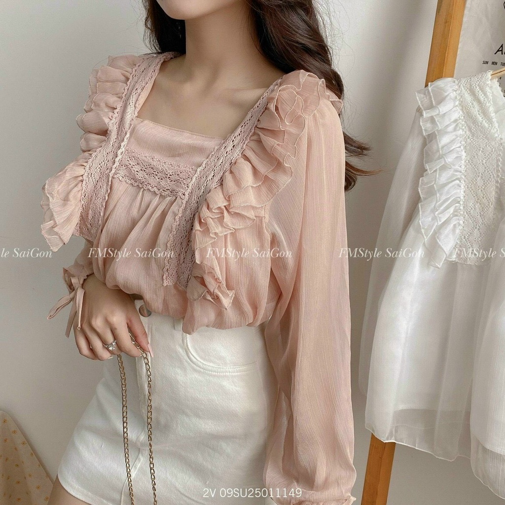 [HCM][FREE SHIP]áo bèo tay dài cột dây cổ vuông phối ren chất voan hai lớp form rộng hàng qc loại 1 cực đẹp sa049