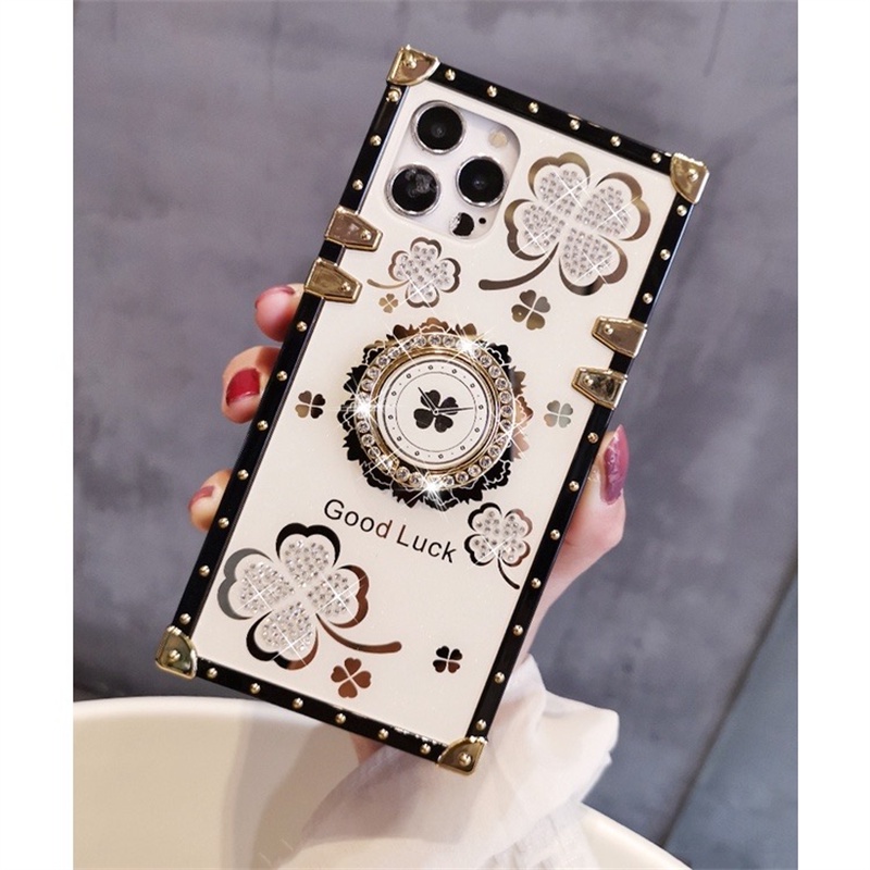 Ốp Điện Thoại Hình Vuông Họa Tiết Cỏ Bốn Lá Đính Đá Kèm Giá Đỡ Cho Samsung A20 A30 A20S A21S A12 A21 A33 A22 5G A02 A02S A03S A03CORE