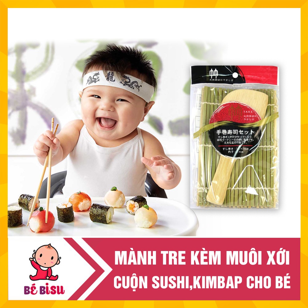 Mành tre cuộn sushi, cuộn kimbap cho bé, cỡ vừa kèm muôi xới