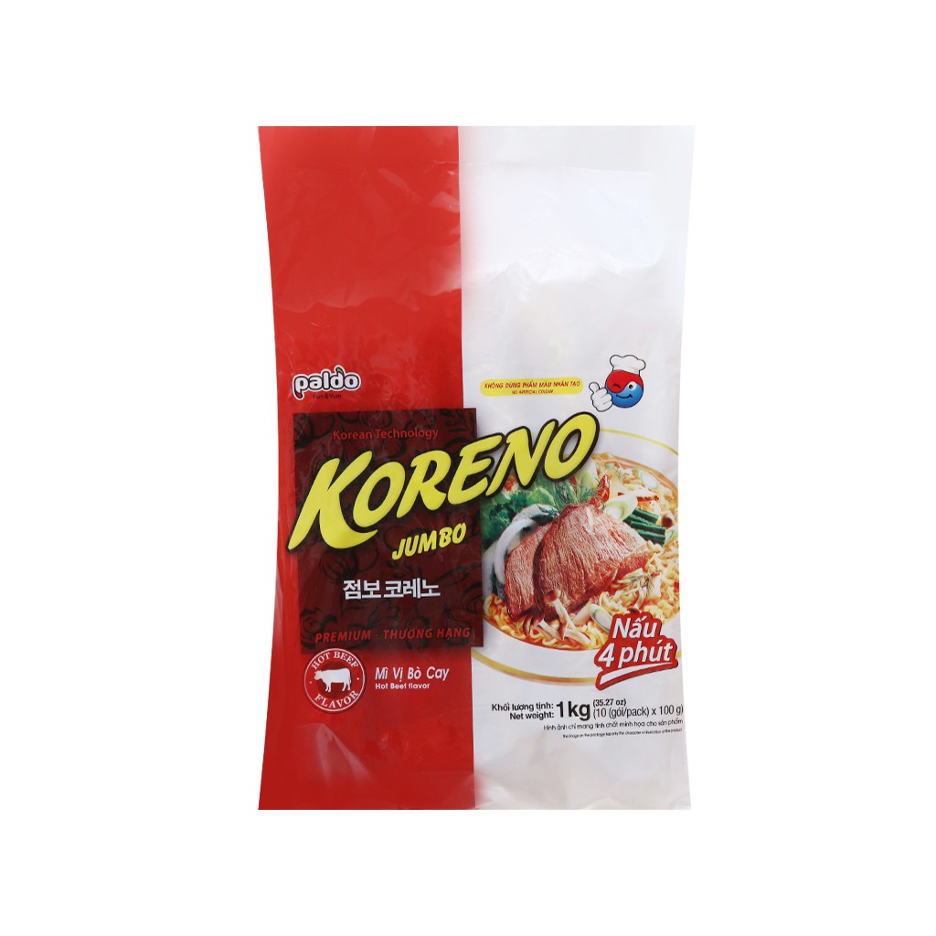 Túi 1 kg gồm 10 gói mì Koreno Jumbo vị bò cay