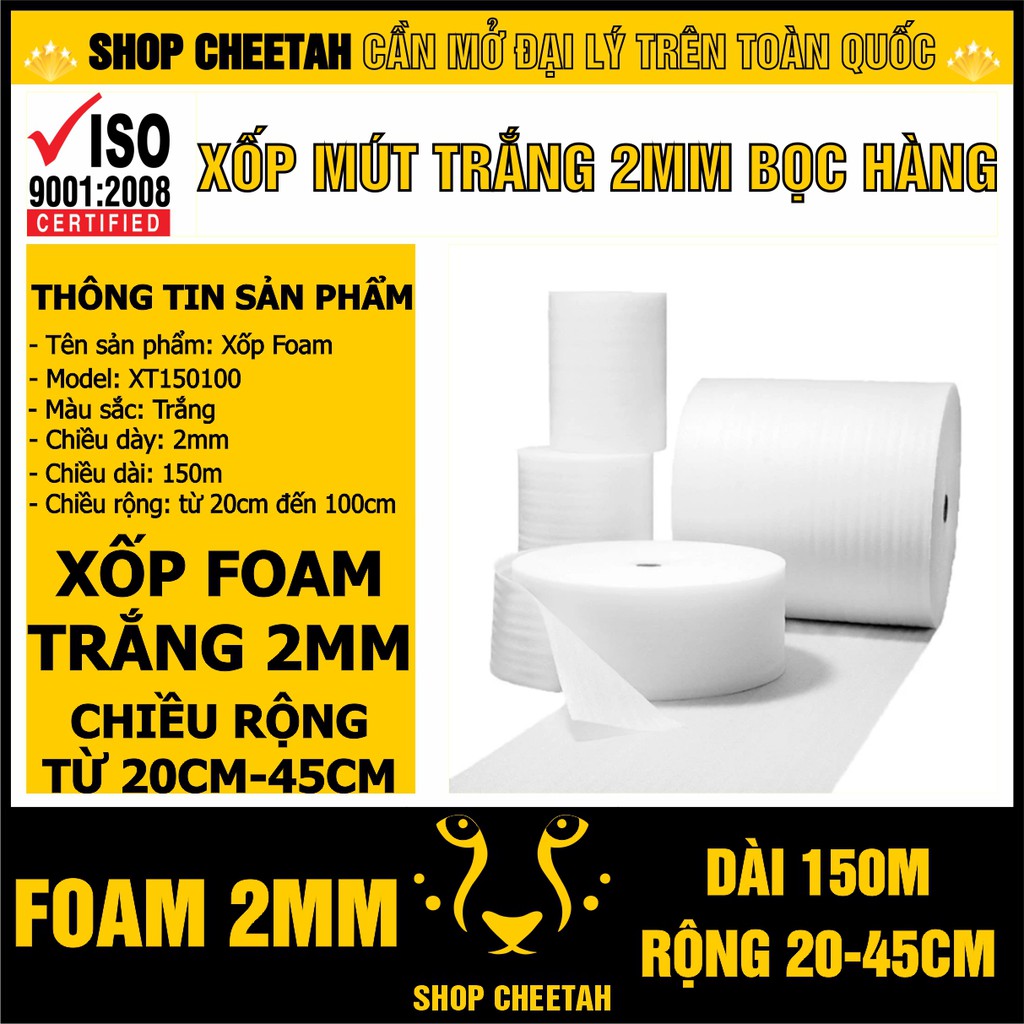 Xốp mút trắng 2mm Cuộn Dài 150m x Rộng từ 20cm-45cm – Chống sốc cho hàng hóa dễ vỡ – Màng xốp Foam dùng trong vận chuyển