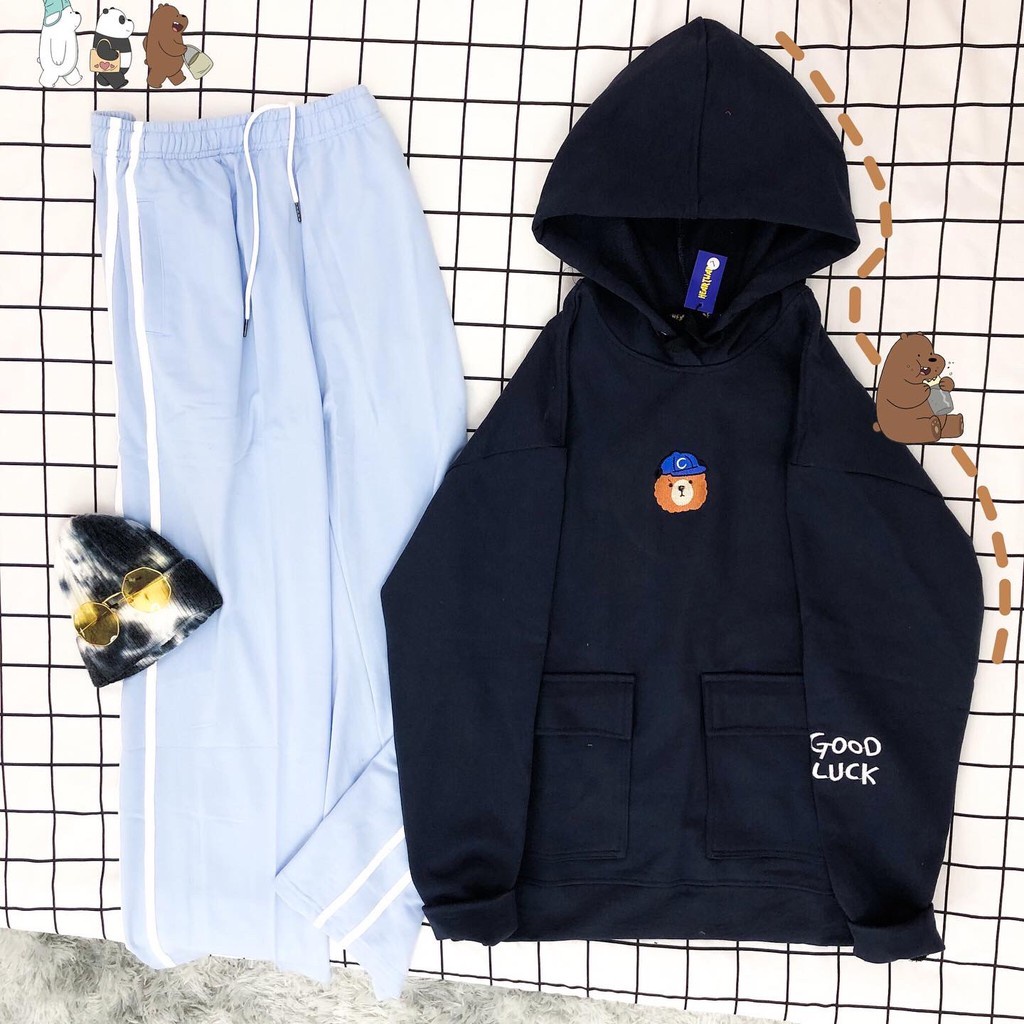 Áo Hoodie thêu hình MEANSTORE nỉ lót bông có mũ oversize unisex nam nữ form rộng phong cách Hàn Quốc - Gấu đội mũ