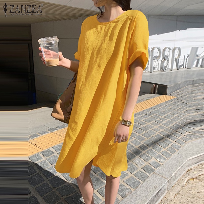 Đầm dáng rộng ngắn ZANZEA tay lửng cổ tròn màu trơn phong cách hàn quốc thời trang thường ngày cho nữ