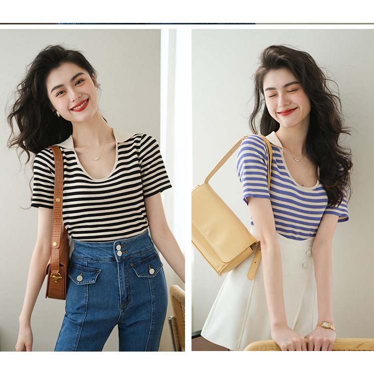 Áo Dệt Kim Ngắn Tay Họa Tiết Kẻ Sọc Phong Cách Pháp Mới
