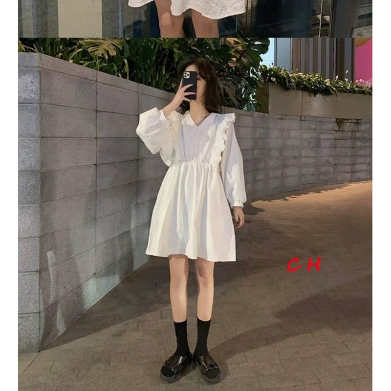 váy thu đông nữ - váy babydoll tay cánh rơi có lót trong, có bèo nhún nhẹ nhàng, váy basic thiết kế đơn giản, freesize | BigBuy360 - bigbuy360.vn