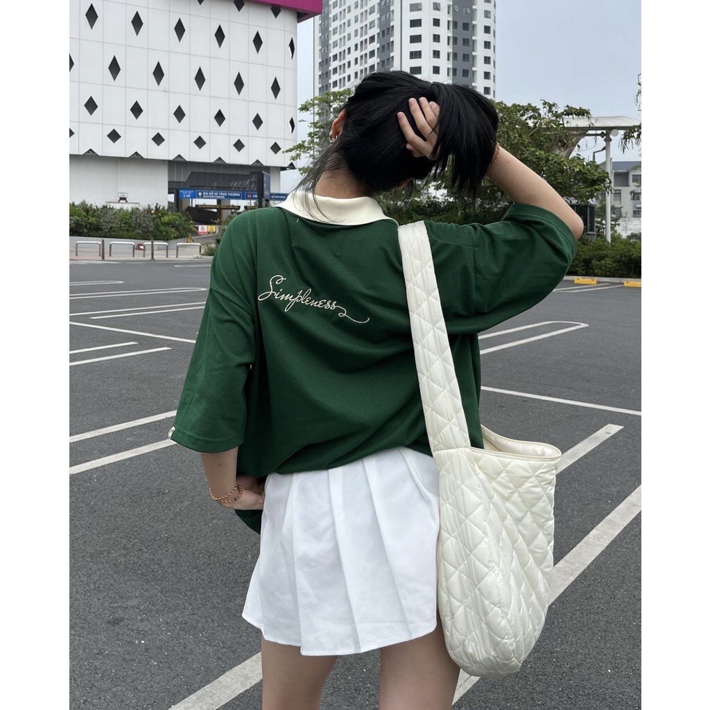 Áo thun polo from rộng unisex nam nữ ATYS 2 màu Xanh Lá/Kem chất thun cá sấu cotton cao cấp , chất đẹp