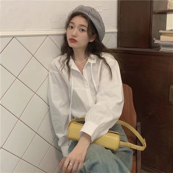 Áo Sơ Mi Tay Dài Dáng Rộng Màu Trơn Cột Dây Phong Cách Pháp Thời Trang Mới Cho Nữ