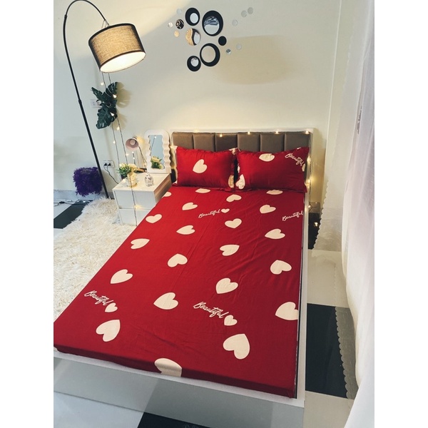 Bộ Chăn Phao Cotton Poly Họa Tiết Tim Đỏ - Chăn Dày Dặn Sẵn Ruột