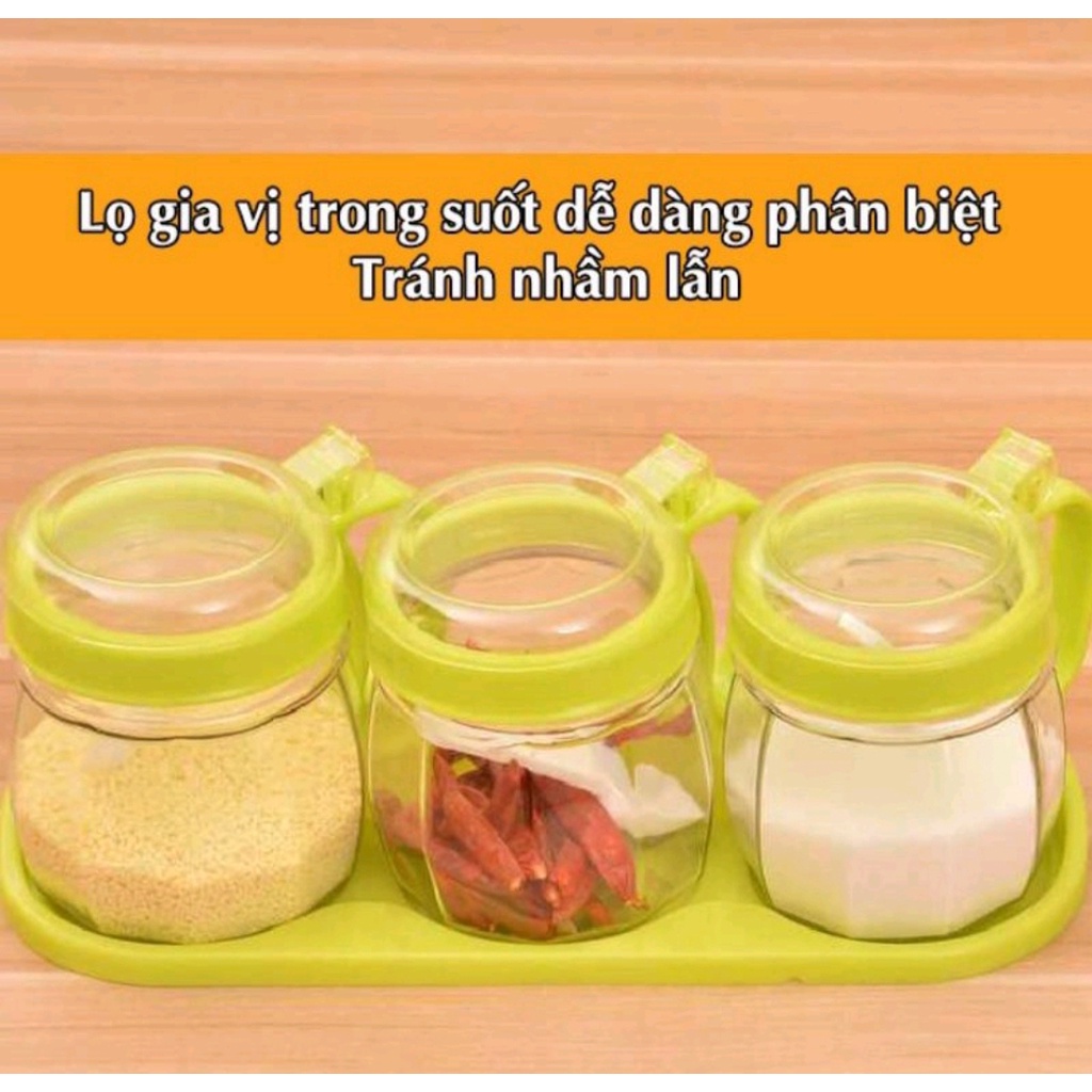 Bộ 3 lọ đựng gia vị có khay kèm muỗng việt nhật. Hàng Việt Nam chất lượng cao
