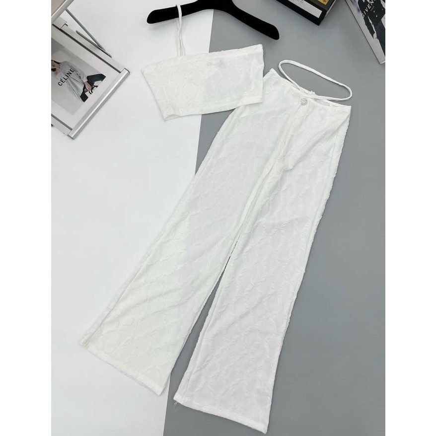 Sét Đồ Bộ Nữ Chất Gân Nổi Xịn Sò Áo Cúp Ngực Dây Chéo Vai & Quần Dài Dây Eo Thiết Kế Sang Chảnh Đi Làm Công Sở, Đi Chơi