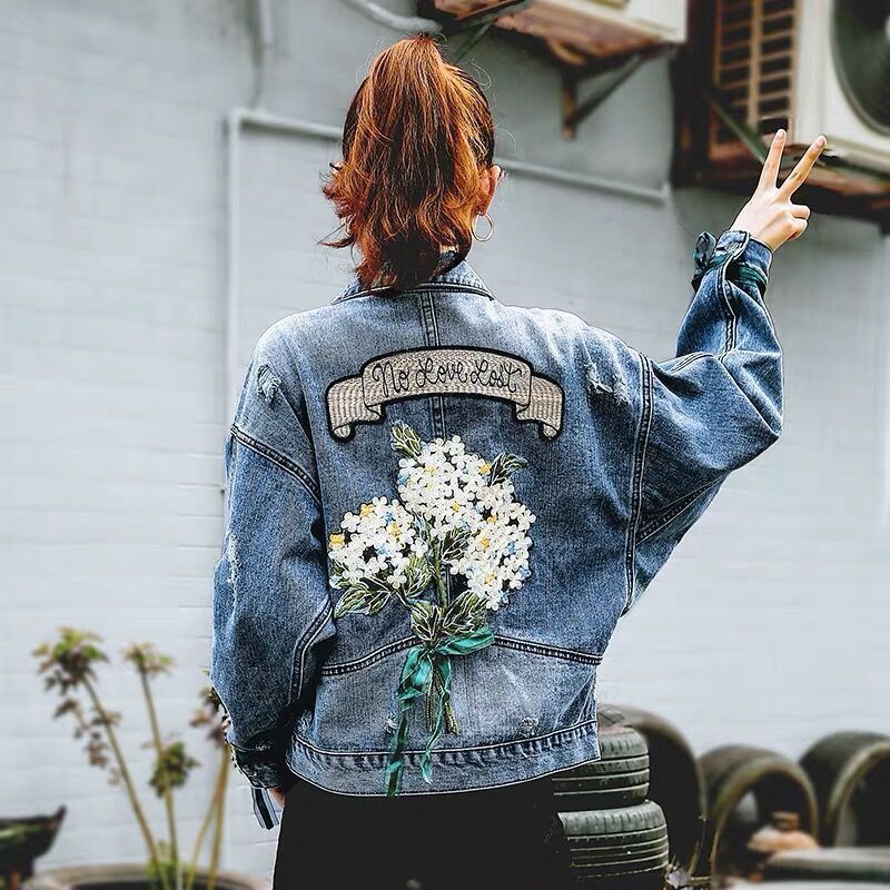 Áo Khoác Denim Dáng Rộng Ngắn Thêu Họa Tiết Thời Trang Hàn Quốc Mới