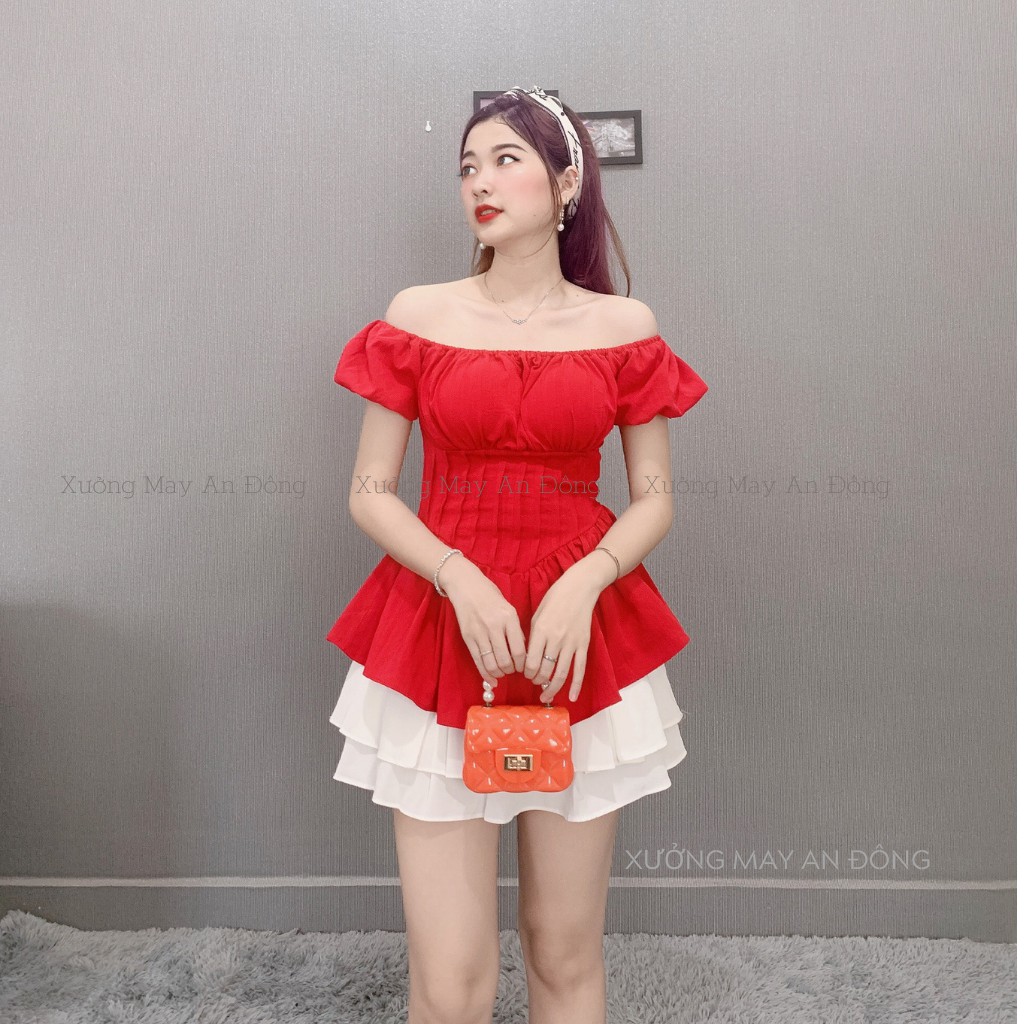 Set Áo Trễ Vai Tay Bồng Cúp Ngực Phối Chân Váy Xòe Xếp Ly 3 Tầng Màu Trắng - Đỏ