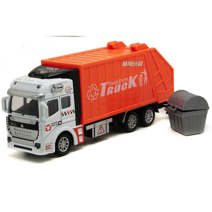 Đồ chơi trẻ em xe Ô tô chở rác đầu xe bằng sắt tỉ lệ 1:48 chạy cót có thùng rác mini đi kèm