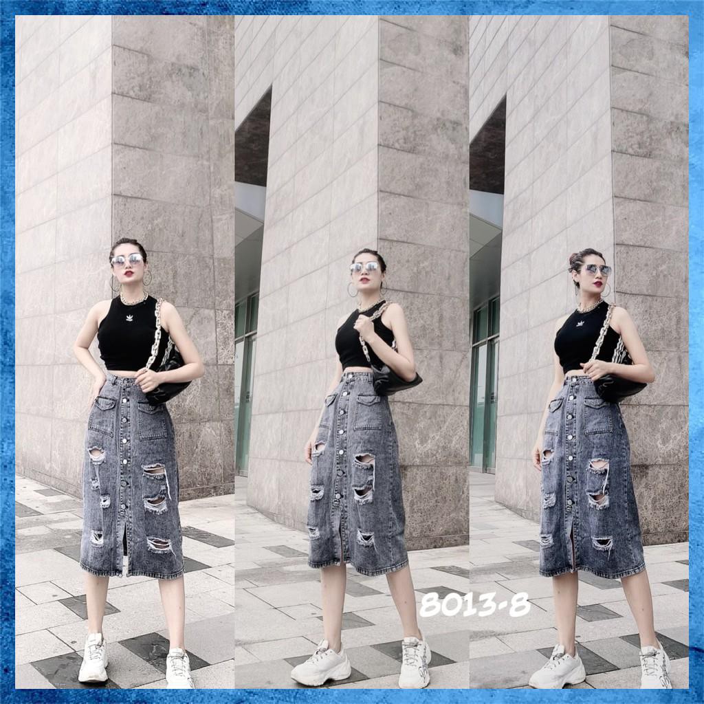 [Jeans nữ thiết kế] Chân váy jeans dáng dài, chân váy bò rách lưng cao túi nắp 1 khuy. Mã V0145 | BigBuy360 - bigbuy360.vn