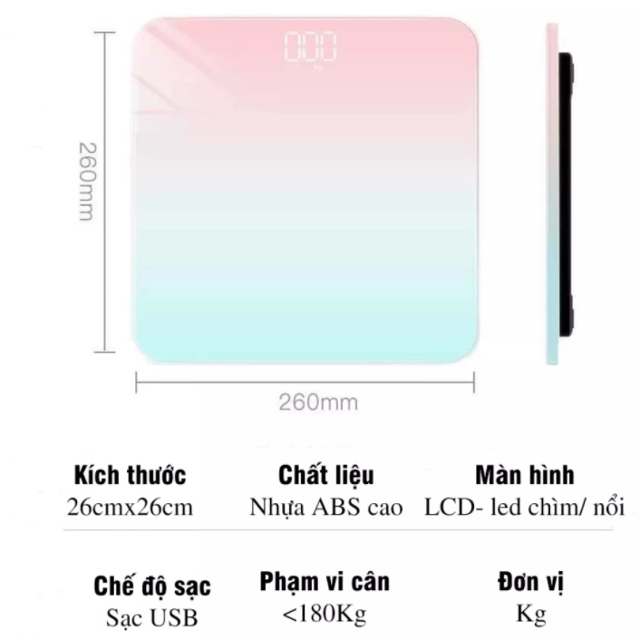 Cân Điện Tử Sức Khỏe Mini Gia Đình 180kg Mặt Kính Cường Lực Dùng Sạc Tiện Dụng