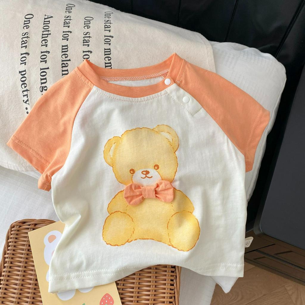 Áo phông trẻ em cotton mềm mịn họa tiết gấu đính nơ