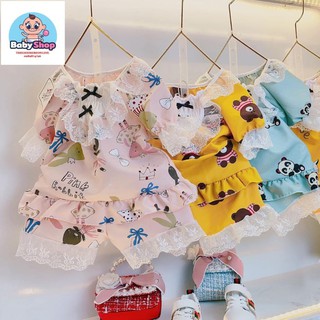 Bộ pizama vải thô lụa in hình phối ren cho bé gái cực dễ thương