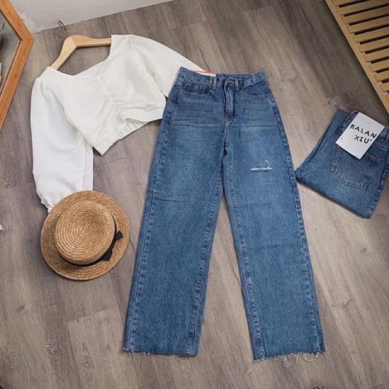 Quần jeans ống rộng xanh rách dáng suông ulzzang