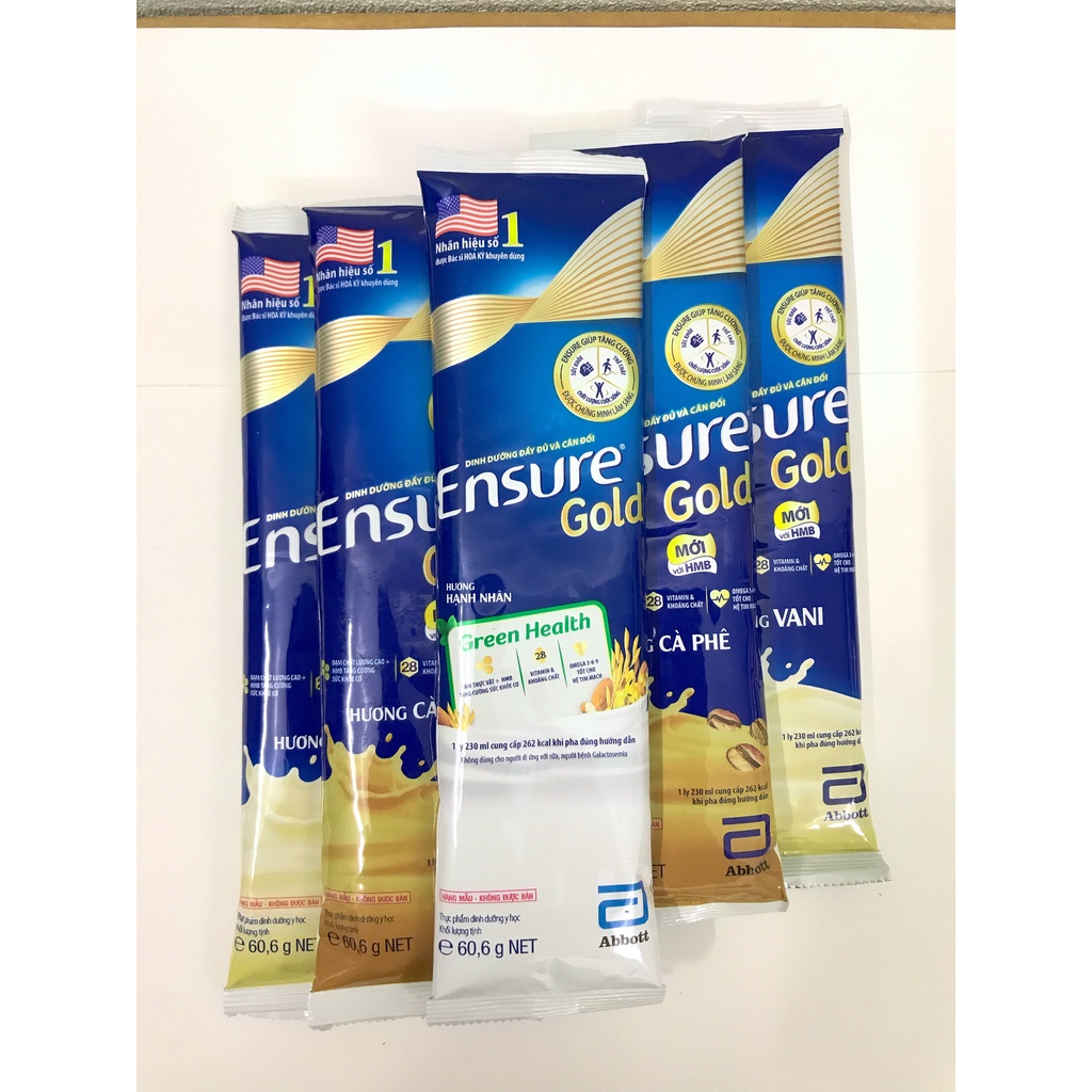 Sữa gói Ensure gold hương Vani, ít ngọt, cà phê, hạnh nhân (ăn chay), lúa mạch 60.6g