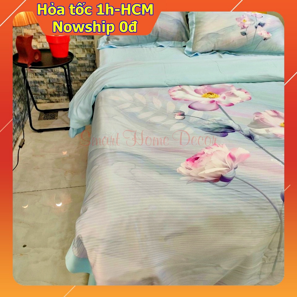 Bộ chăn ga lụa lạnh 100%Tencel 100s, Hoa mẫu đơn, Siêu mềm mát mịn, giá tốt nhất thị trường