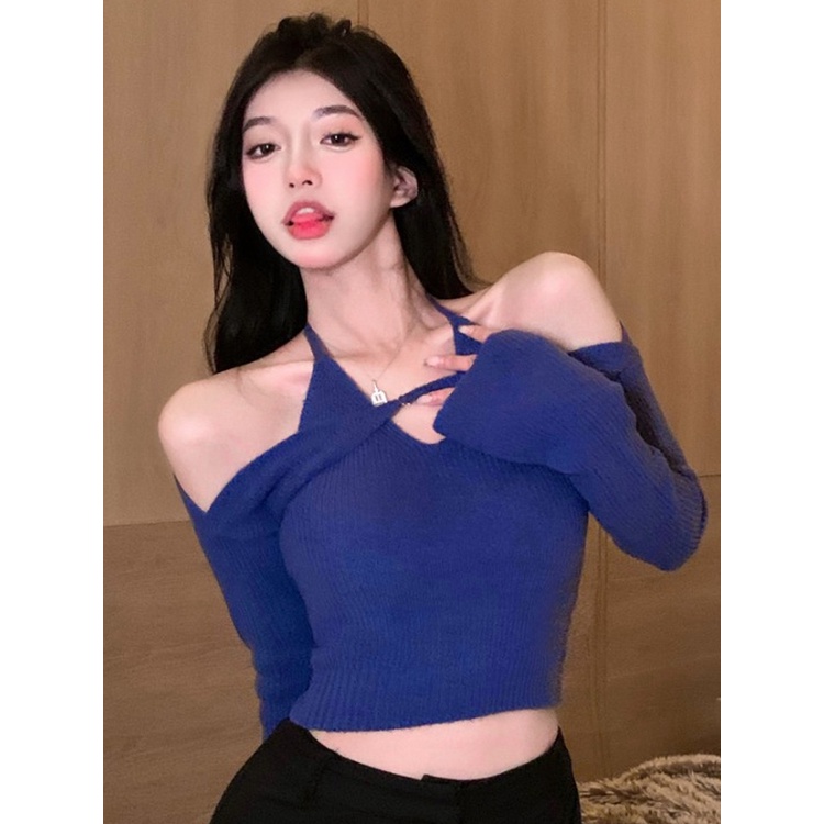 Set áo dệt kim 2 mảnh ZHELIHANGFEI cổ ngang hở vai eo cao gợi cảm