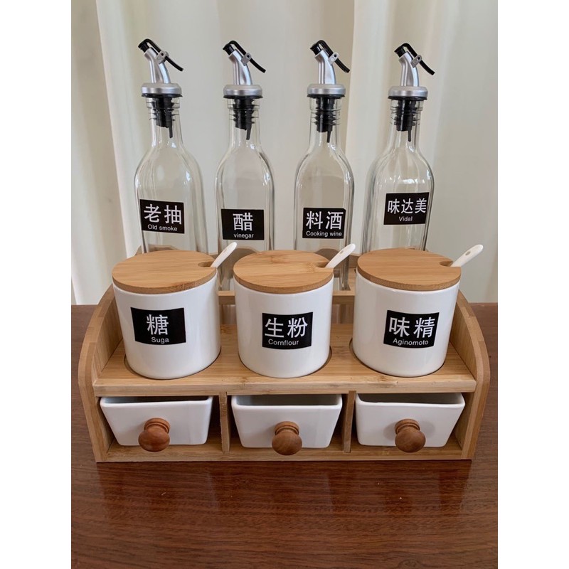 ( có sẵn )Bộ đồ đựng gia vị thuỷ tinh + sứ trắng phong cách hiện đại | BigBuy360 - bigbuy360.vn