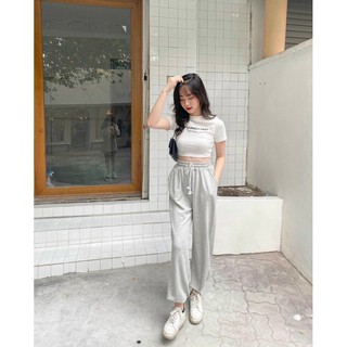 Set áo crop thun kèm quần ống rộng