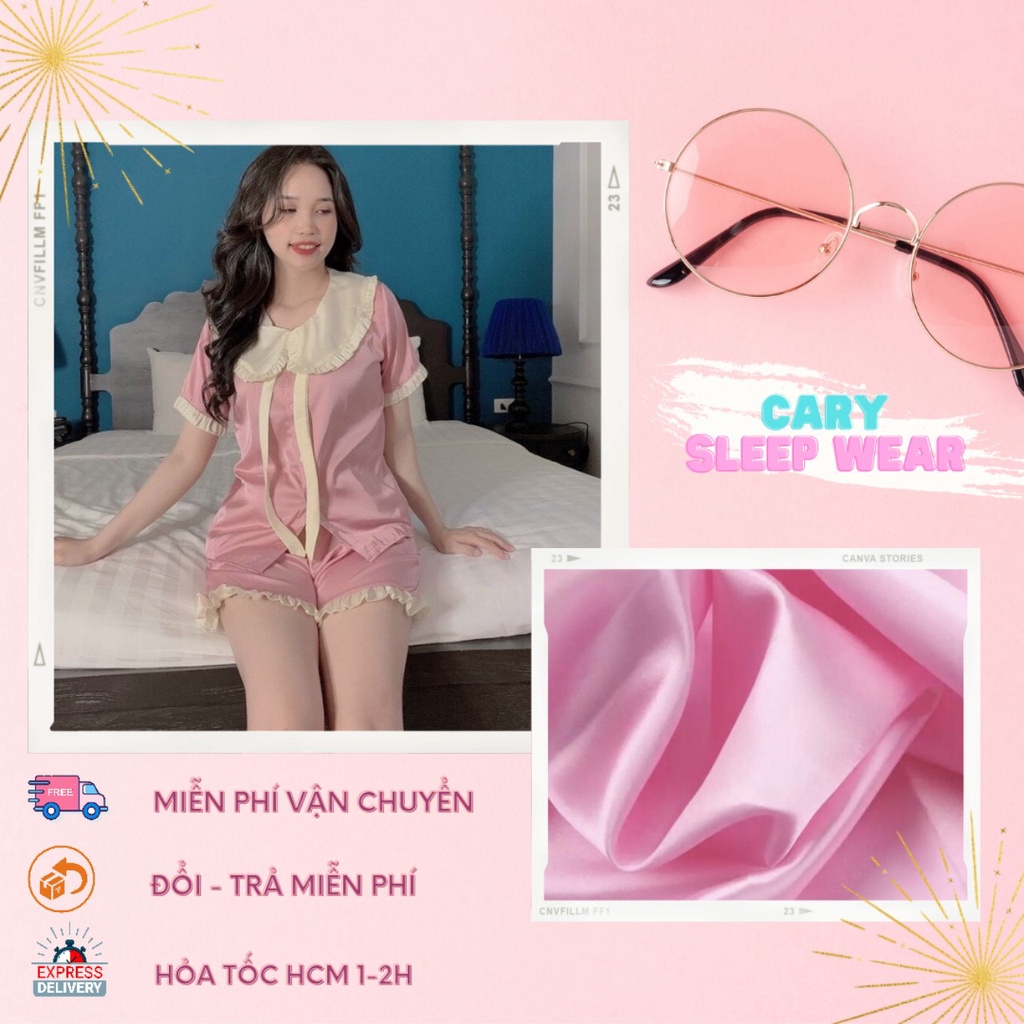 Đồ bộ pijama đùi, bộ đồ ngủ nữ mặc nhà cộc tay cổ bèo dễ thương chất liệu kate lụa CARY