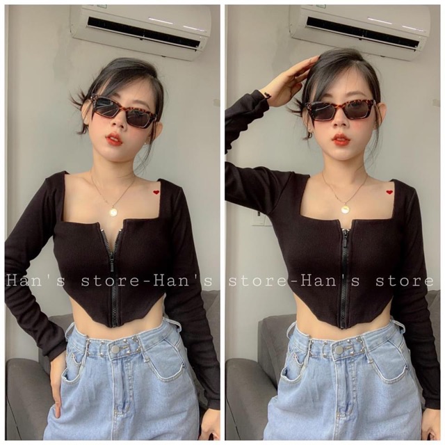 Áo croptop nữ kiểu phối khoá kéo dài tay chất vải thun gân len 4 chiều FreeSize ( Bảo An Shop ) Hot | BigBuy360 - bigbuy360.vn