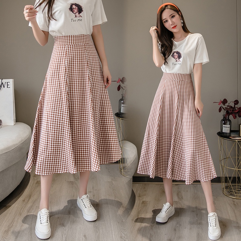 Chân Váy Chữ A Lưng Cao Họa Tiết Sọc Caro Phong Cách Hong Kong Thời Trang Cho Nữ