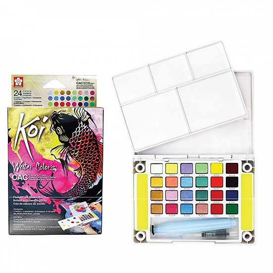 Màu nhũ Sakura Koi CAC set 12/24 màu dạng viên nén tặng kèm cọ nước waterbrush, bọt biển dùng cho vẽ tranh