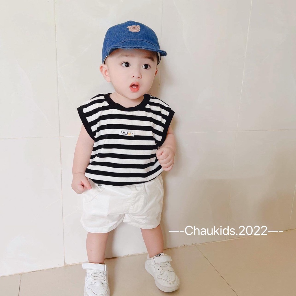 Bộ áo kẻ sát nách quần đùi trắng bé trai