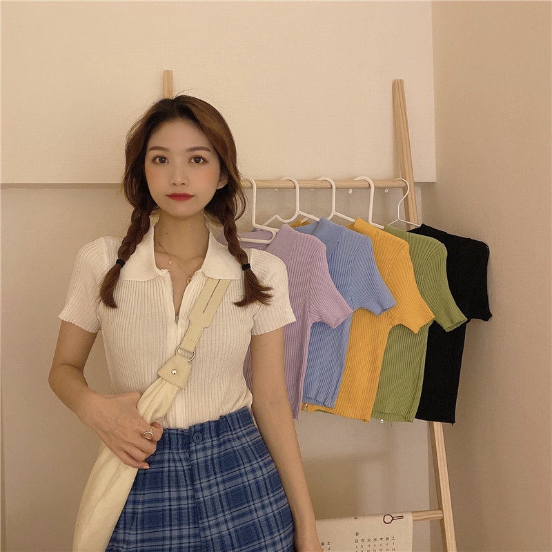 Áo Sweater Tay Ngắn Có Khóa Kéo Thiết Kế Mới Thời Trang Mùa Hè Theo Phong Cách Hàn Quốc Cho Nữ