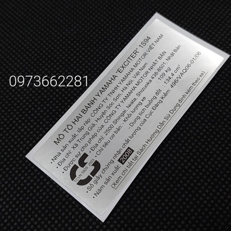 Tem thông số năm Sản xuất EXCITER 2008.1S94, Tem dán càng gắp, gấp